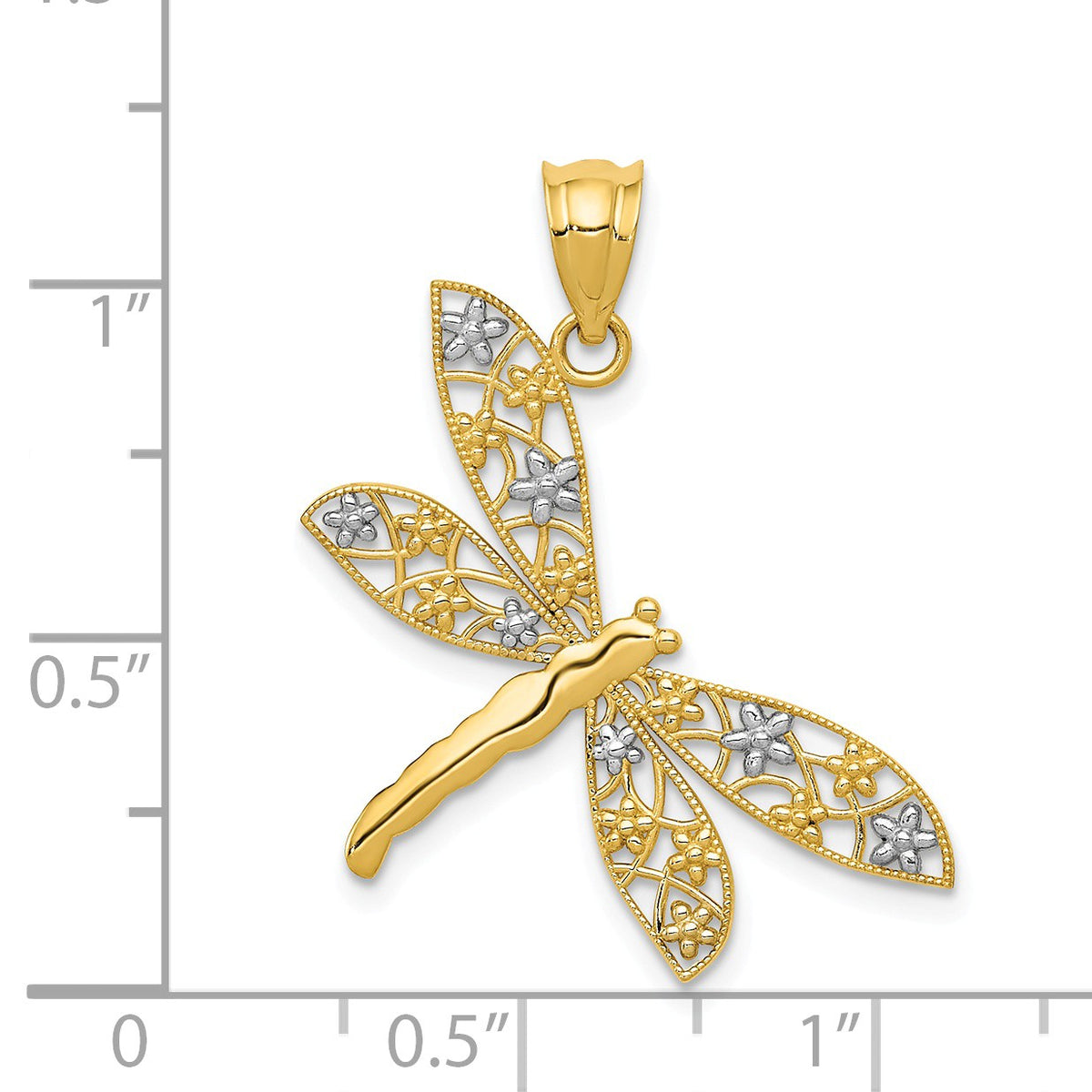 Alternate view of the 14k Yellow Gold &amp; White Rhodium Floral Winged Dragonfly Pendant, 28mm by The Black Bow Jewelry Co.