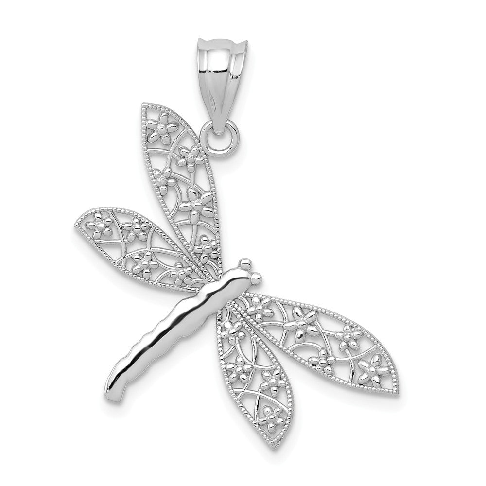 14k White Gold Floral Winged Dragonfly Pendant, 28mm, Item P11773 by The Black Bow Jewelry Co.
