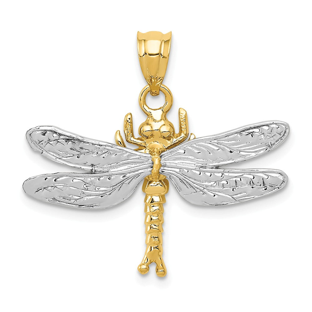 14k Two Tone Gold 28mm Textured Dragonfly Pendant, Item P11779 by The Black Bow Jewelry Co.
