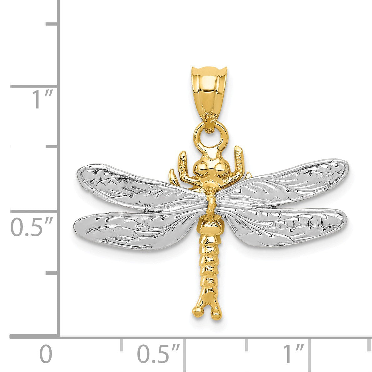 Alternate view of the 14k Two Tone Gold 28mm Textured Dragonfly Pendant by The Black Bow Jewelry Co.