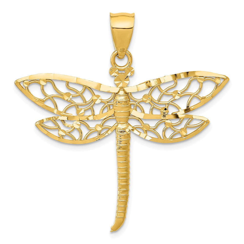 14k Yellow Gold Extra Large Diamond Cut Filigree Dragonfly Pendant, Item P11782 by The Black Bow Jewelry Co.