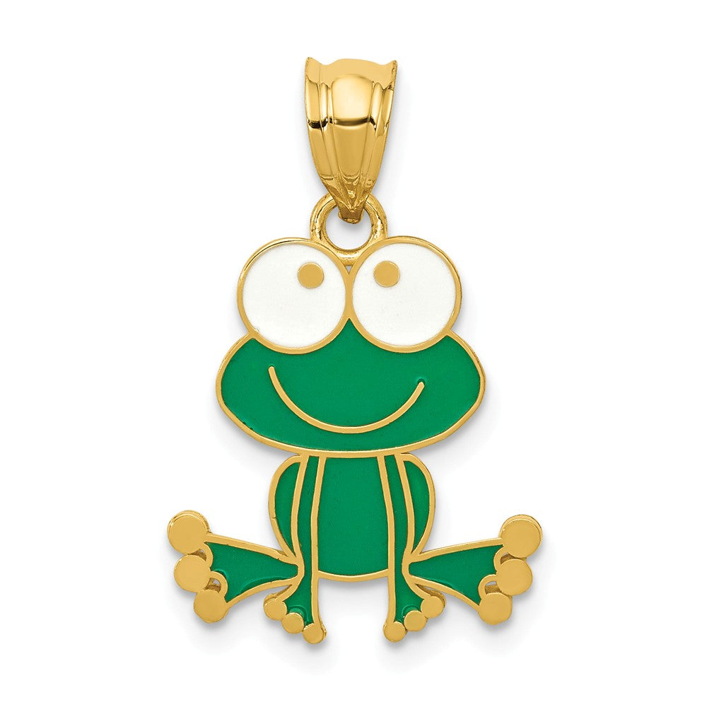 14k Yellow Gold Green and White Enameled Whimsical Frog Pendant, Item P11845 by The Black Bow Jewelry Co.