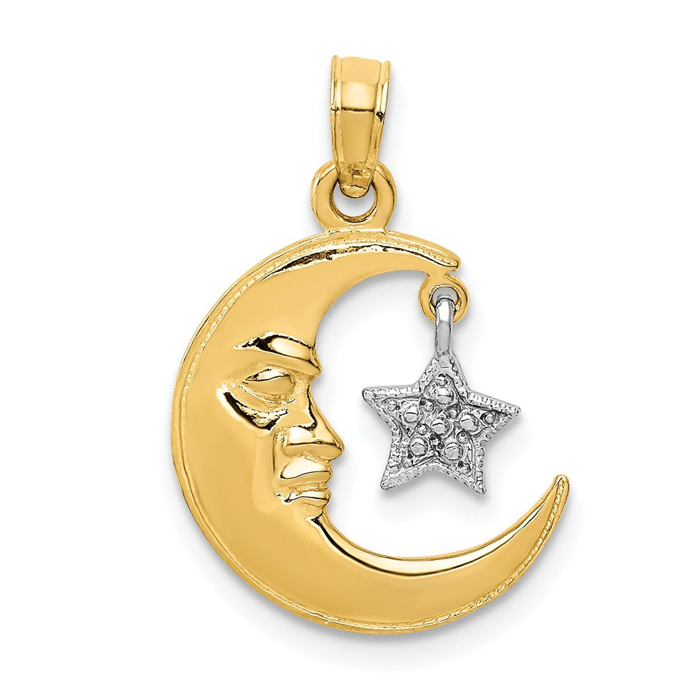 14k Yellow and White Gold Moon Face and Dangling Star Pendant, Item P11890 by The Black Bow Jewelry Co.