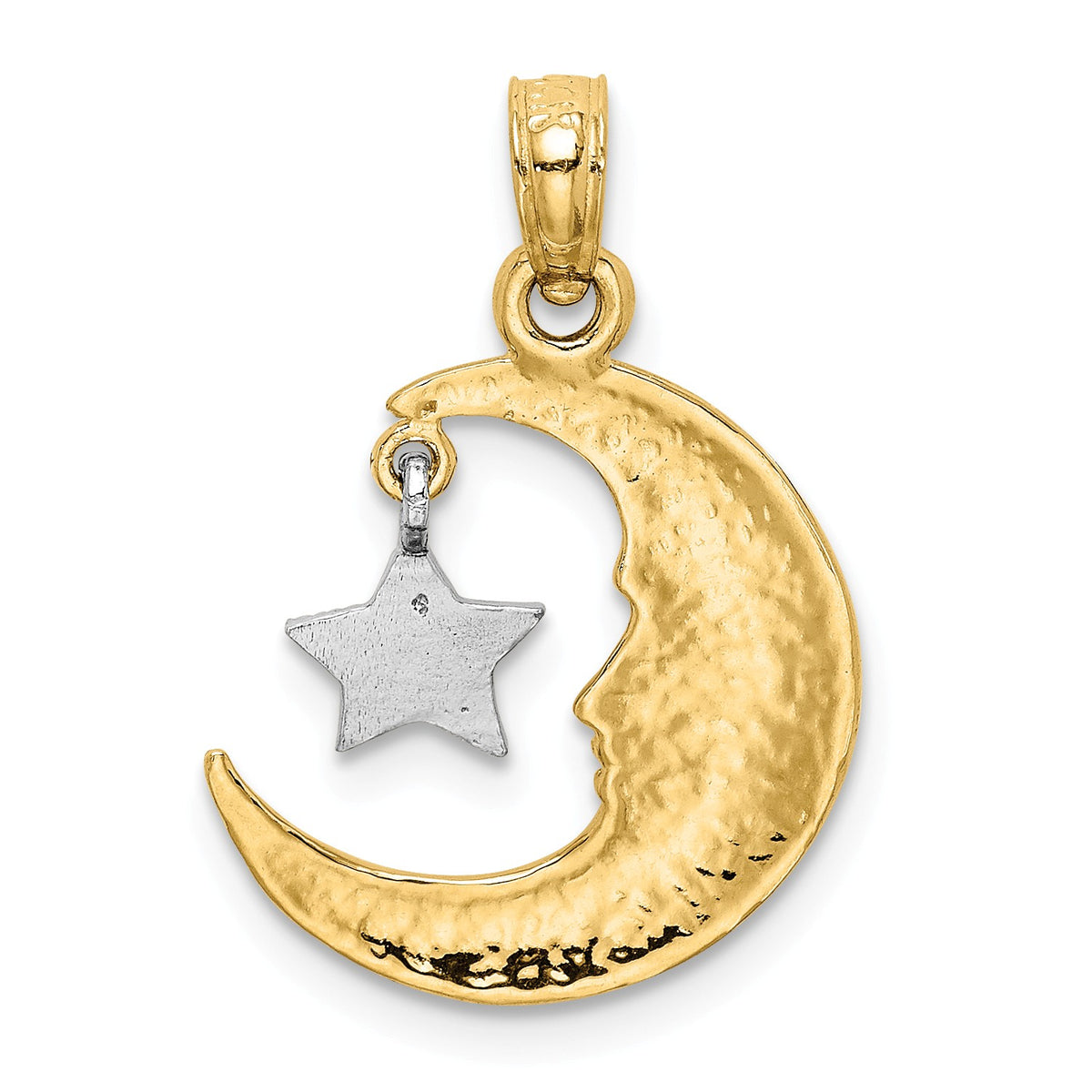 Alternate view of the 14k Yellow and White Gold Moon Face and Dangling Star Pendant by The Black Bow Jewelry Co.