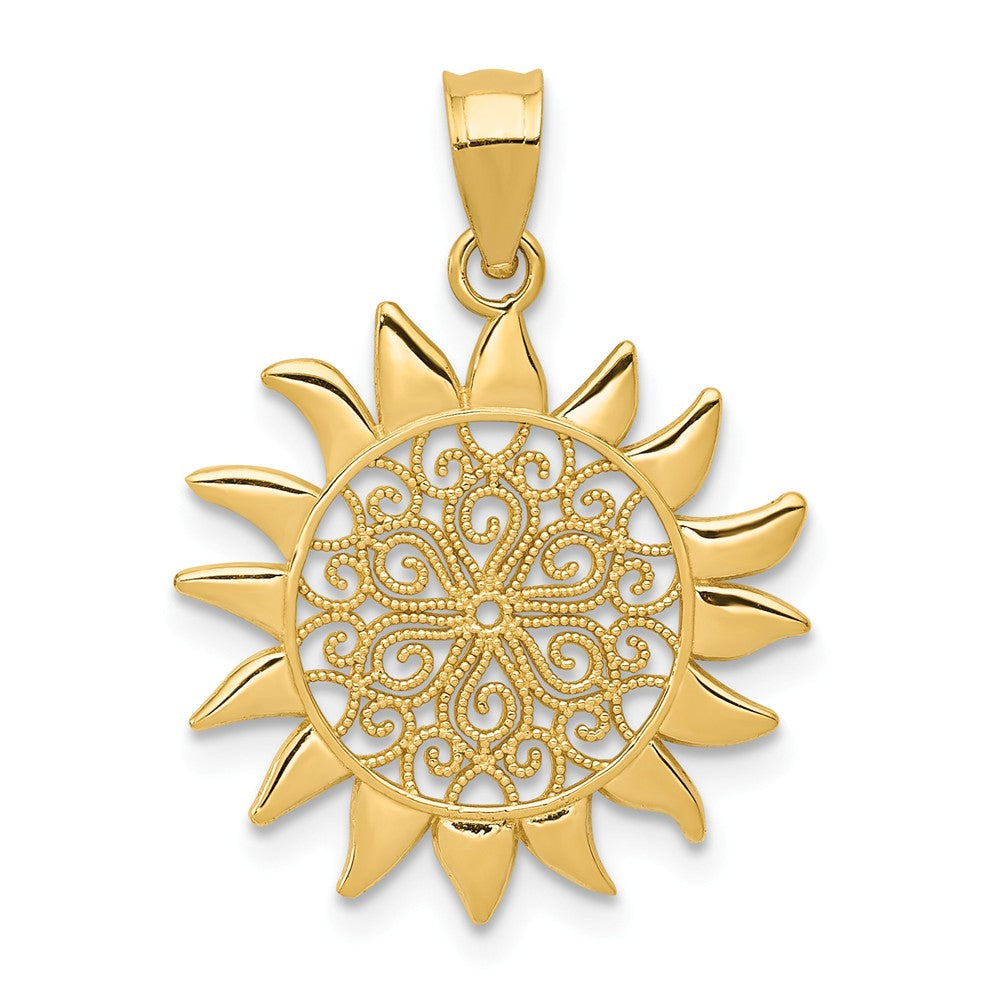 14k Yellow Gold 17mm Filigree Sun Pendant, Item P11924 by The Black Bow Jewelry Co.