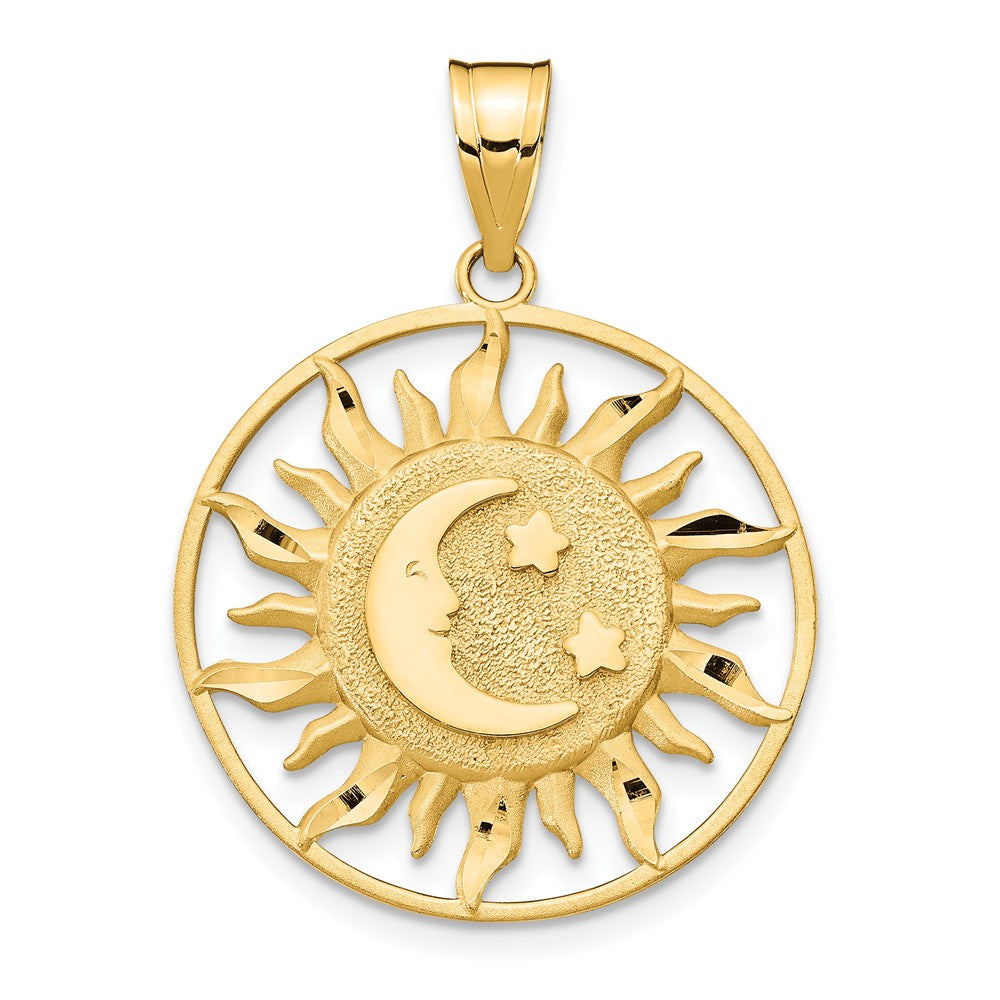 14k Yellow Gold 22mm Sun, Moon and Stars Circle Pendant, Item P11927 by The Black Bow Jewelry Co.