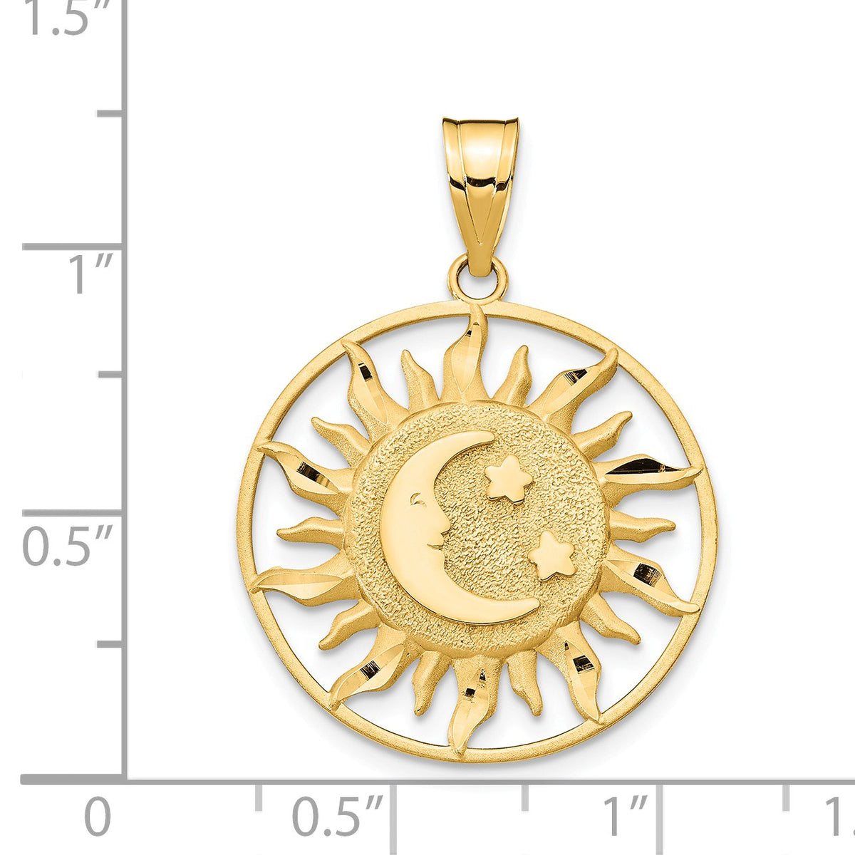 Alternate view of the 14k Yellow Gold 22mm Sun, Moon and Stars Circle Pendant by The Black Bow Jewelry Co.