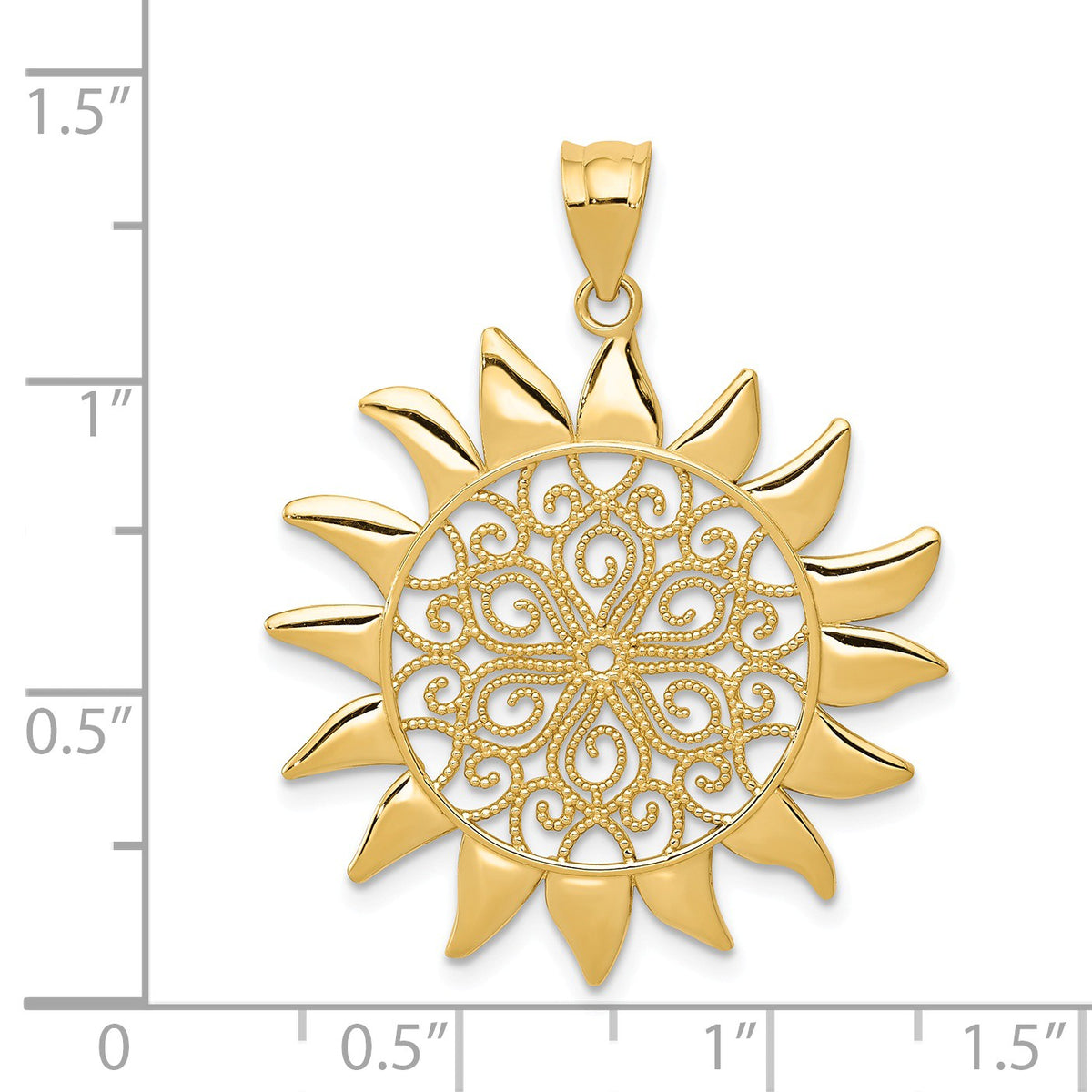 Alternate view of the 14k Yellow Gold 27mm Filigree Sun Pendant by The Black Bow Jewelry Co.