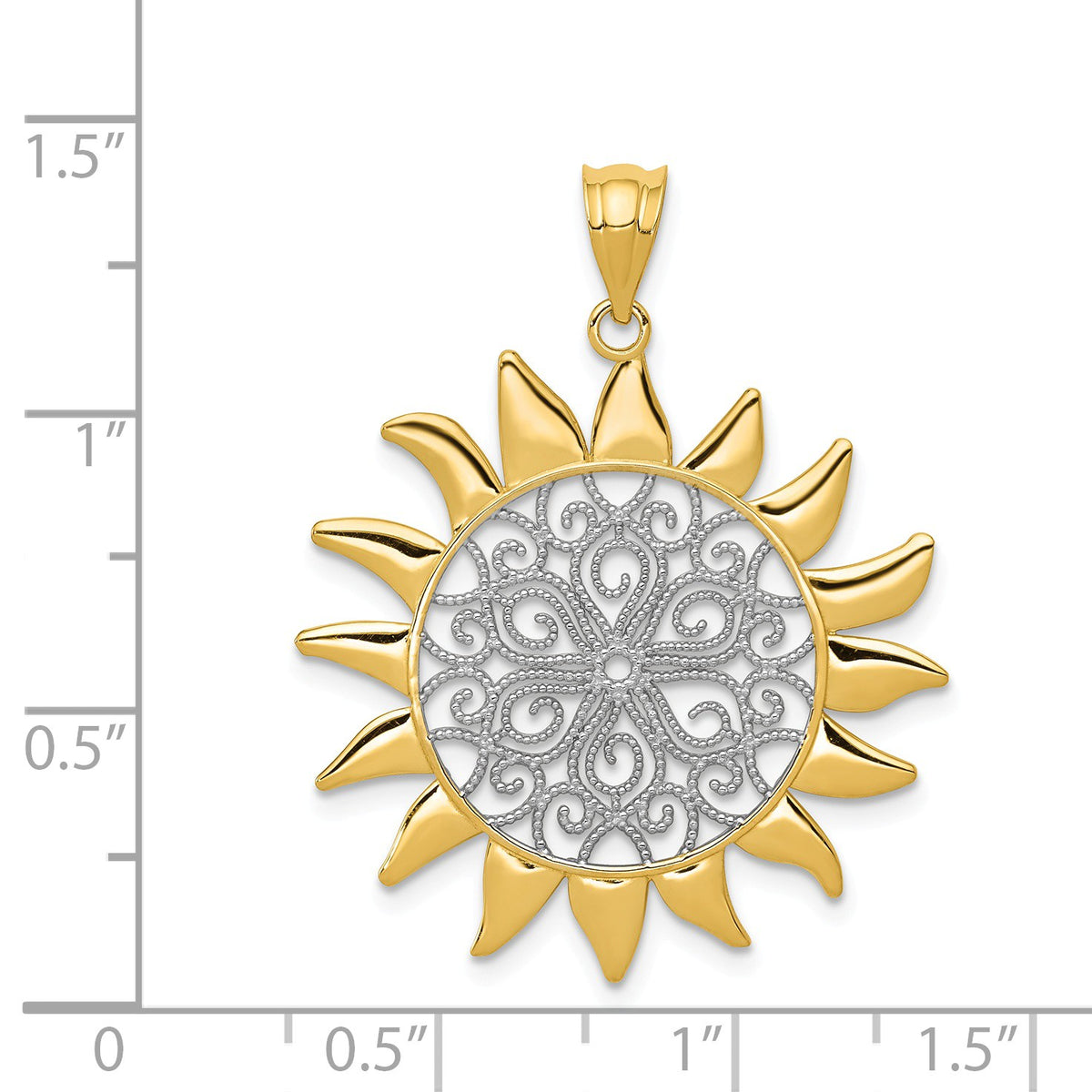 Alternate view of the 14k Yellow Gold &amp; White Rhodium 27mm Filigree Sun Pendant by The Black Bow Jewelry Co.