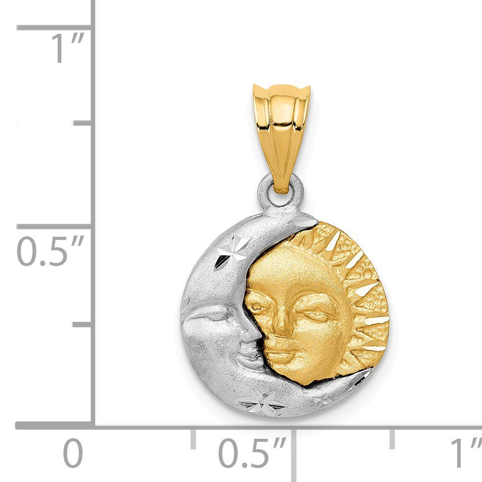 Alternate view of the 14k Two Tone Gold 13mm Satin Sun and Moon Pendant by The Black Bow Jewelry Co.