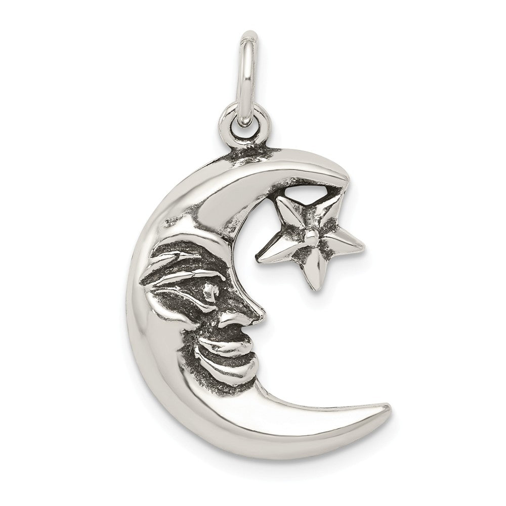 Sterling Silver 2D Antiqued Crescent Moon and Star Pendant, Item P11957 by The Black Bow Jewelry Co.