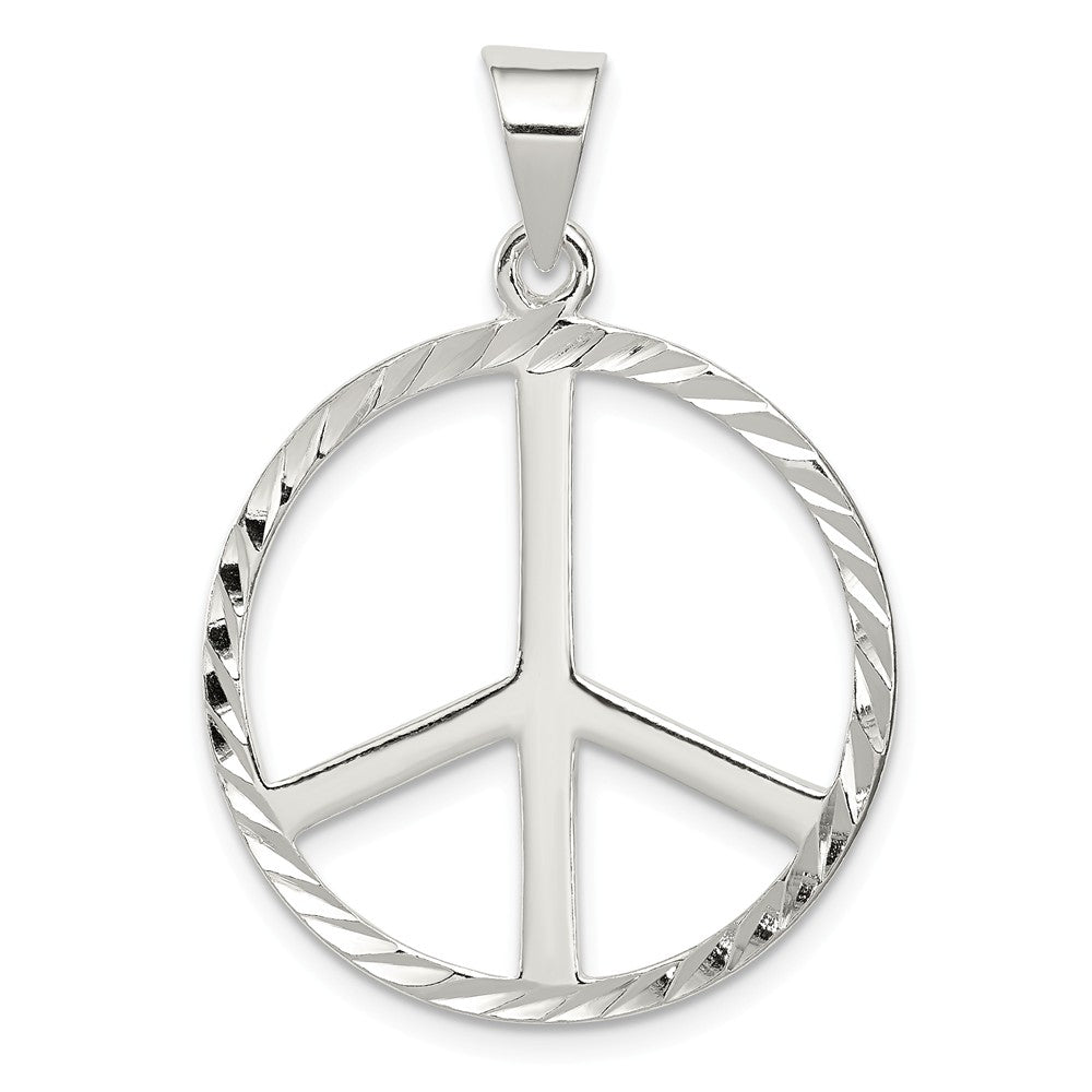 Sterling Silver 25mm Diamond Cut Peace Symbol Pendant, Item P11971 by The Black Bow Jewelry Co.