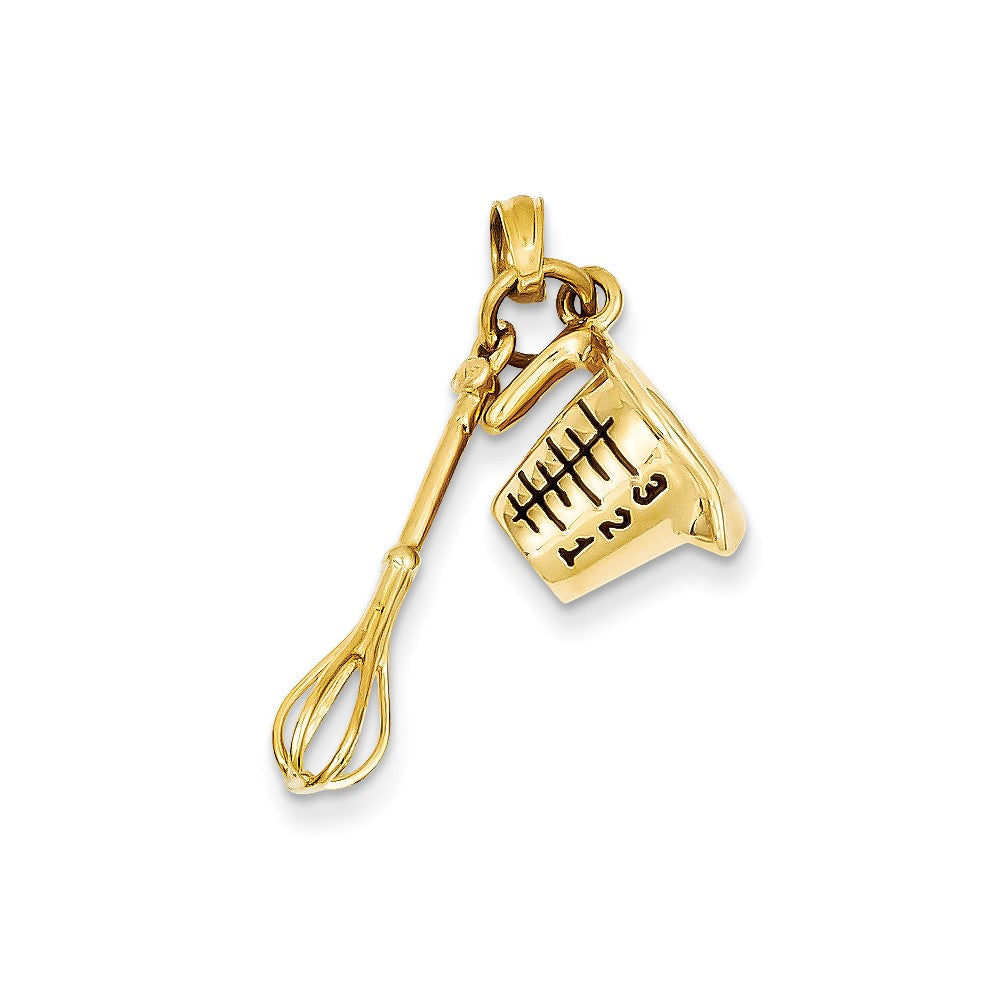 14k Yellow Gold and Enamel 3D Measuring Cup and Whisk, Item P11991 by The Black Bow Jewelry Co.