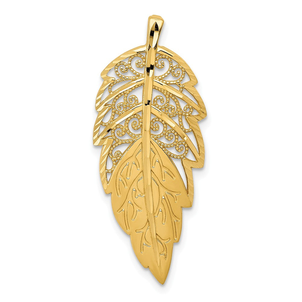 14k Yellow Gold Filigree and Diamond Cut Leaf Pendant, Item P12004 by The Black Bow Jewelry Co.