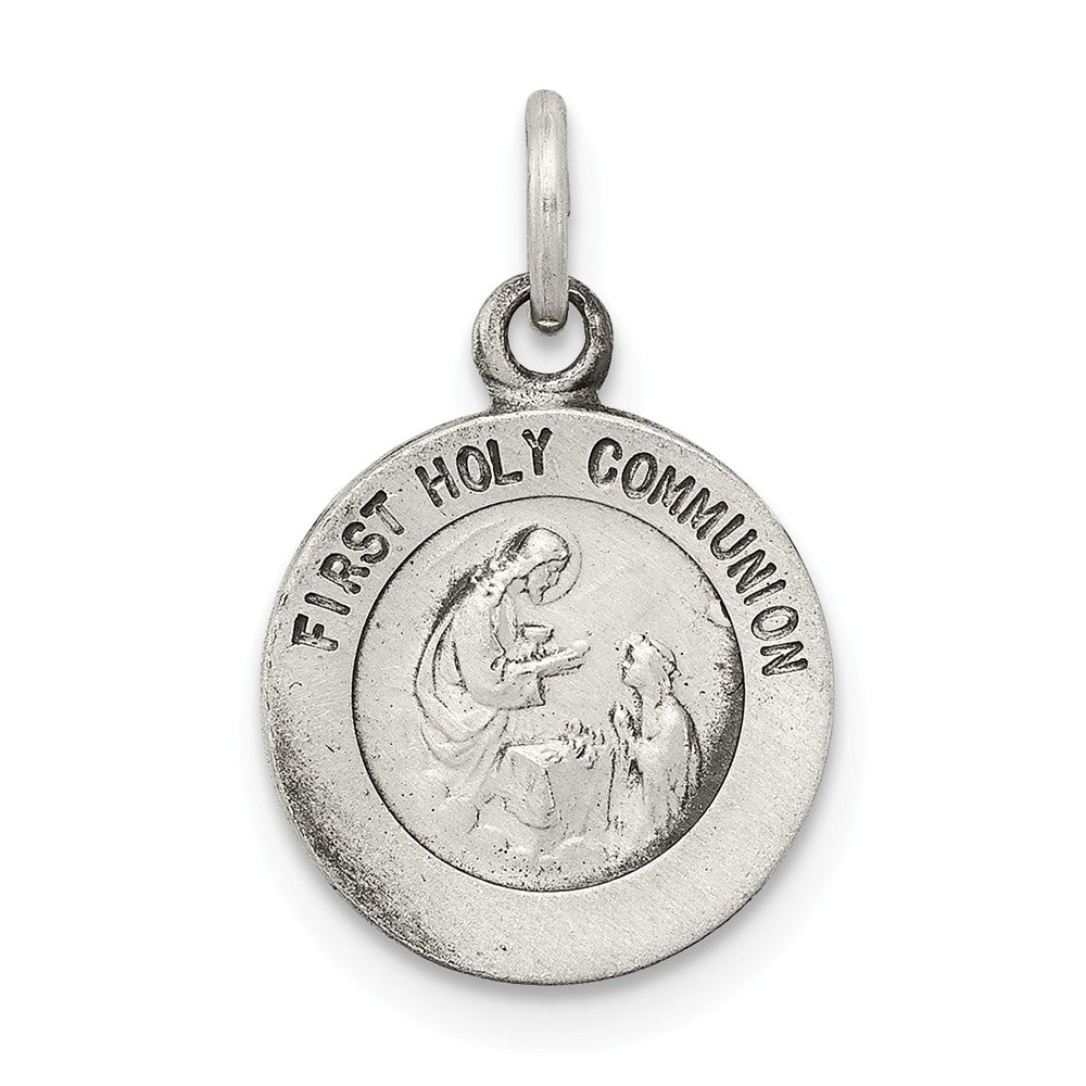 Sterling Silver Antiqued First Holy Communion Medal Charm, 11mm, Item P12013 by The Black Bow Jewelry Co.