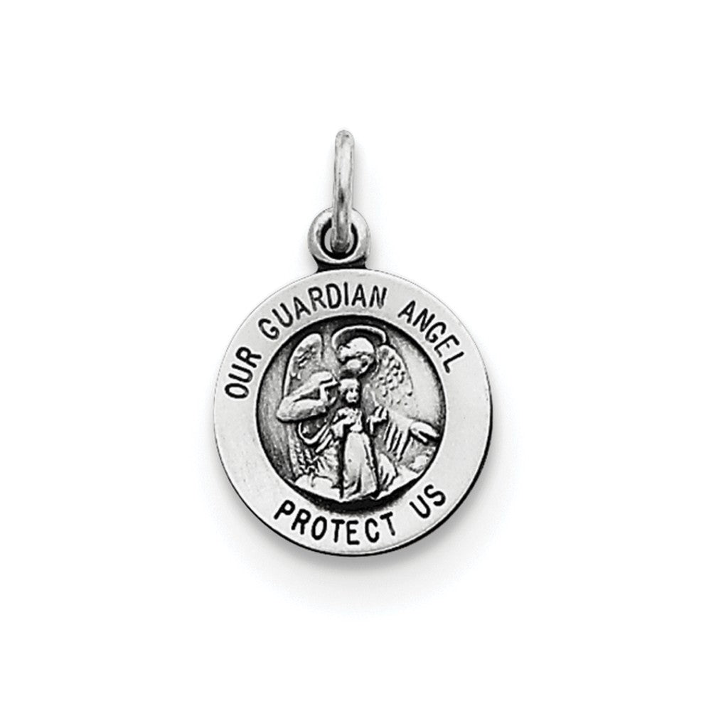 Sterling Silver Antiqued Guardian Angel Medal Charm, 11mm, Item P12014 by The Black Bow Jewelry Co.