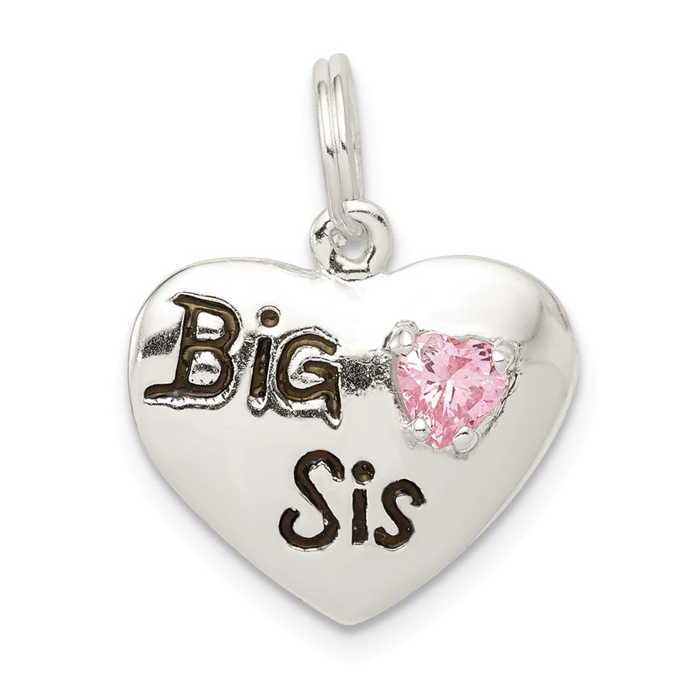 Sterling Silver, CZ and Enameled Big Sis Pink Heart Charm, 16mm, Item P12017 by The Black Bow Jewelry Co.