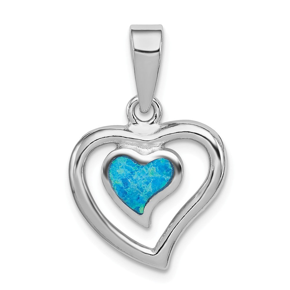 Sterling Silver and Created Blue Opal Inlay Double Heart Pendant, 13mm, Item P12048 by The Black Bow Jewelry Co.