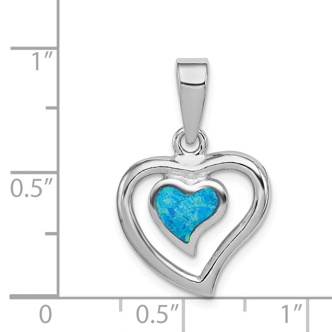 Alternate view of the Sterling Silver and Created Blue Opal Inlay Double Heart Pendant, 13mm by The Black Bow Jewelry Co.