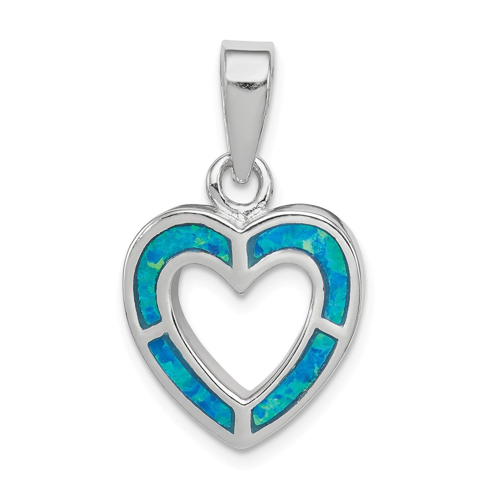 Sterling Silver and Created Blue Opal Open Inlay Heart Pendant, 15mm, Item P12049 by The Black Bow Jewelry Co.