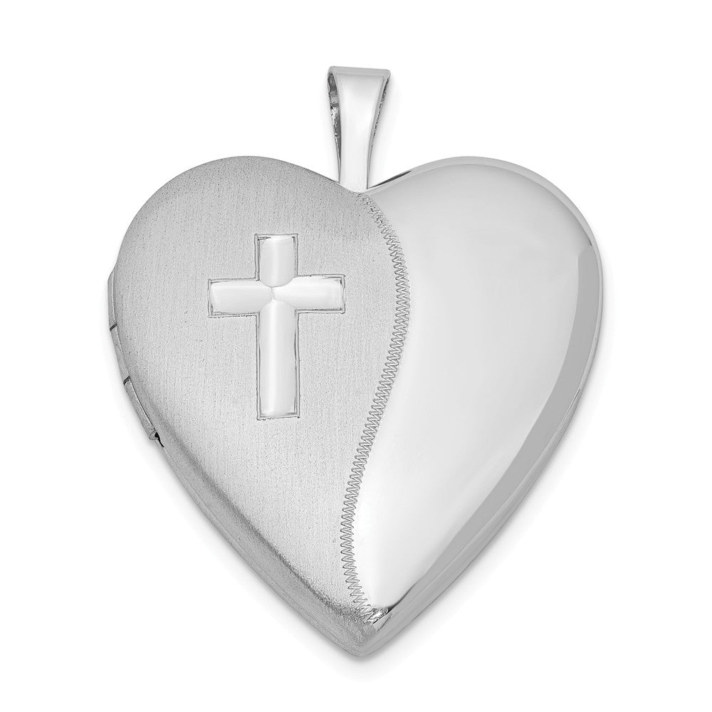 Sterling Silver 20mm Polished and Satin Heart w/ Cross Locket, Item P12060 by The Black Bow Jewelry Co.