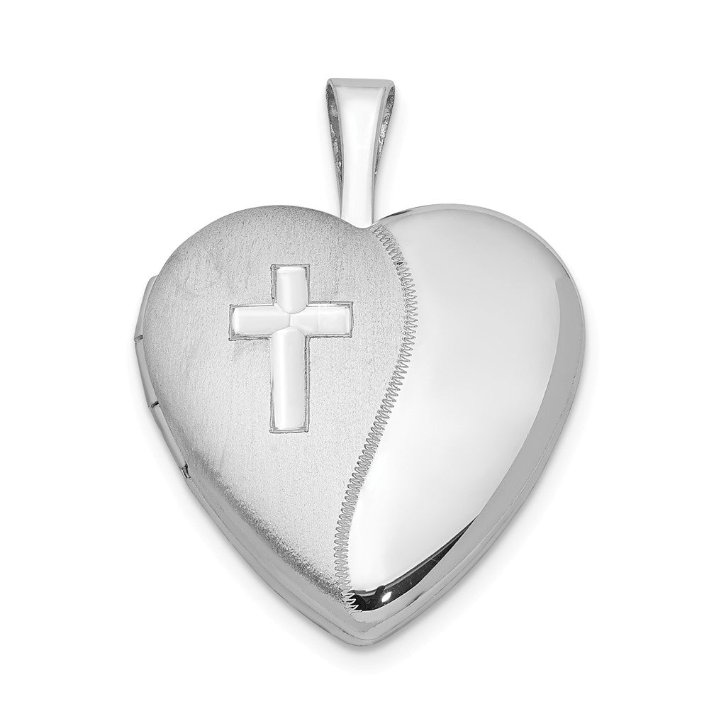 Sterling Silver 16mm Polished and Satin Heart w/ Cross Locket, Item P12061 by The Black Bow Jewelry Co.