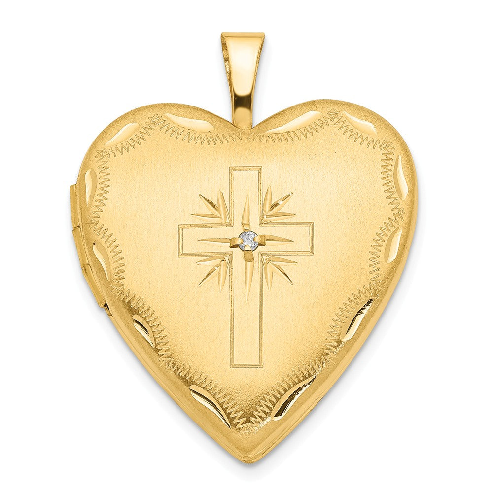 20mm Heart Locket with Diamond Accent Cross in 14k Yellow Gold, Item P12062 by The Black Bow Jewelry Co.