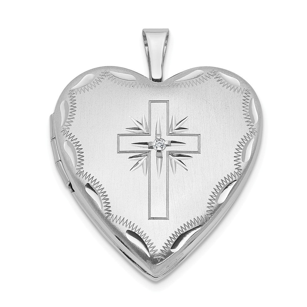 20mm Heart Locket with Diamond Accent Cross in 14k White Gold, Item P12063 by The Black Bow Jewelry Co.