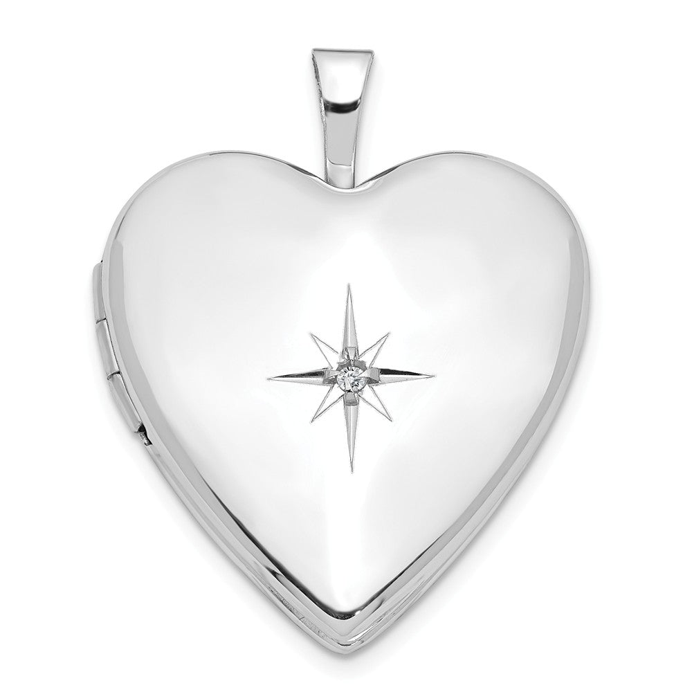 20mm Diamond Star Design Heart Shaped Locket in 14k White Gold, Item P12072 by The Black Bow Jewelry Co.