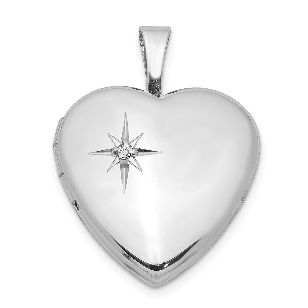 16mm Diamond Star Design Heart Shaped Locket in Sterling Silver, Item P12074 by The Black Bow Jewelry Co.