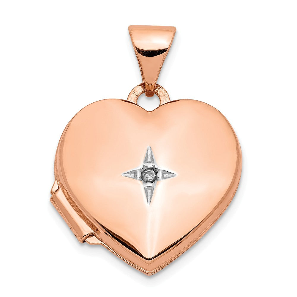 15mm Diamond Star Design Heart Shaped Locket in 14k Rose Gold, Item P12075 by The Black Bow Jewelry Co.