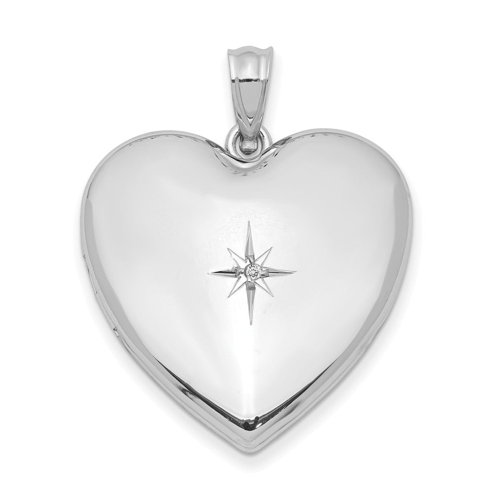 24mm .01 Ct Diamond Star Design Heart Shaped Locket in Sterling Silver, Item P12077 by The Black Bow Jewelry Co.