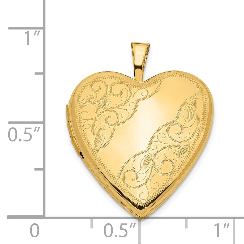 Alternate view of the 14k Yellow Gold 20mm Swirl Etched Heart Locket by The Black Bow Jewelry Co.