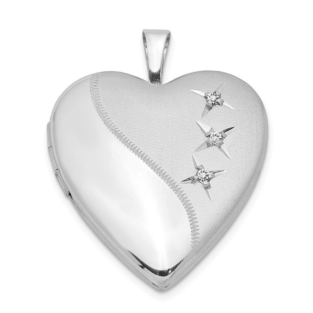 20mm Polished and Satin Triple Diamond Heart Locket in Sterling Silver, Item P12089 by The Black Bow Jewelry Co.