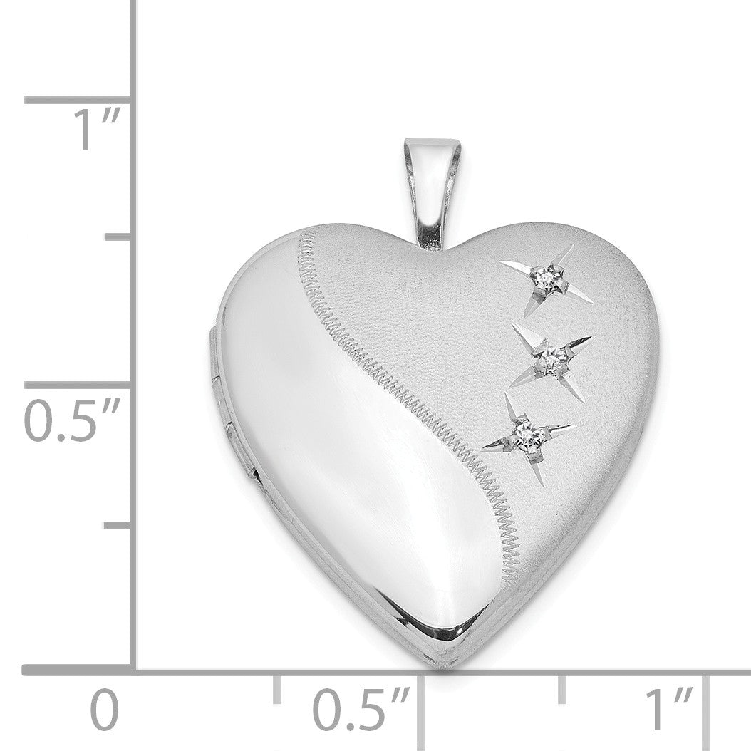 Alternate view of the 20mm Polished and Satin Triple Diamond Heart Locket in Sterling Silver by The Black Bow Jewelry Co.