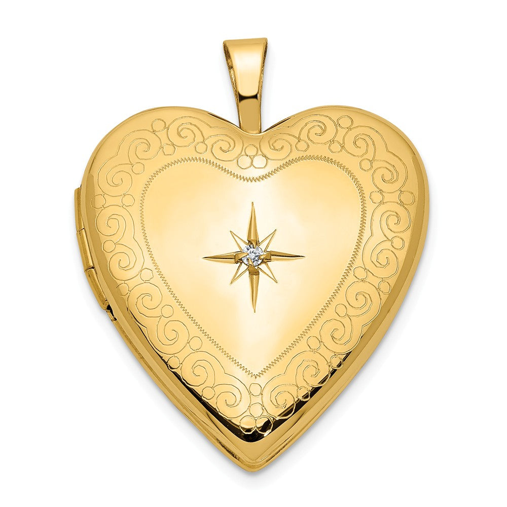 20mm Textured Swirl and Diamond Heart Locket in 14k Yellow Gold, Item P12090 by The Black Bow Jewelry Co.