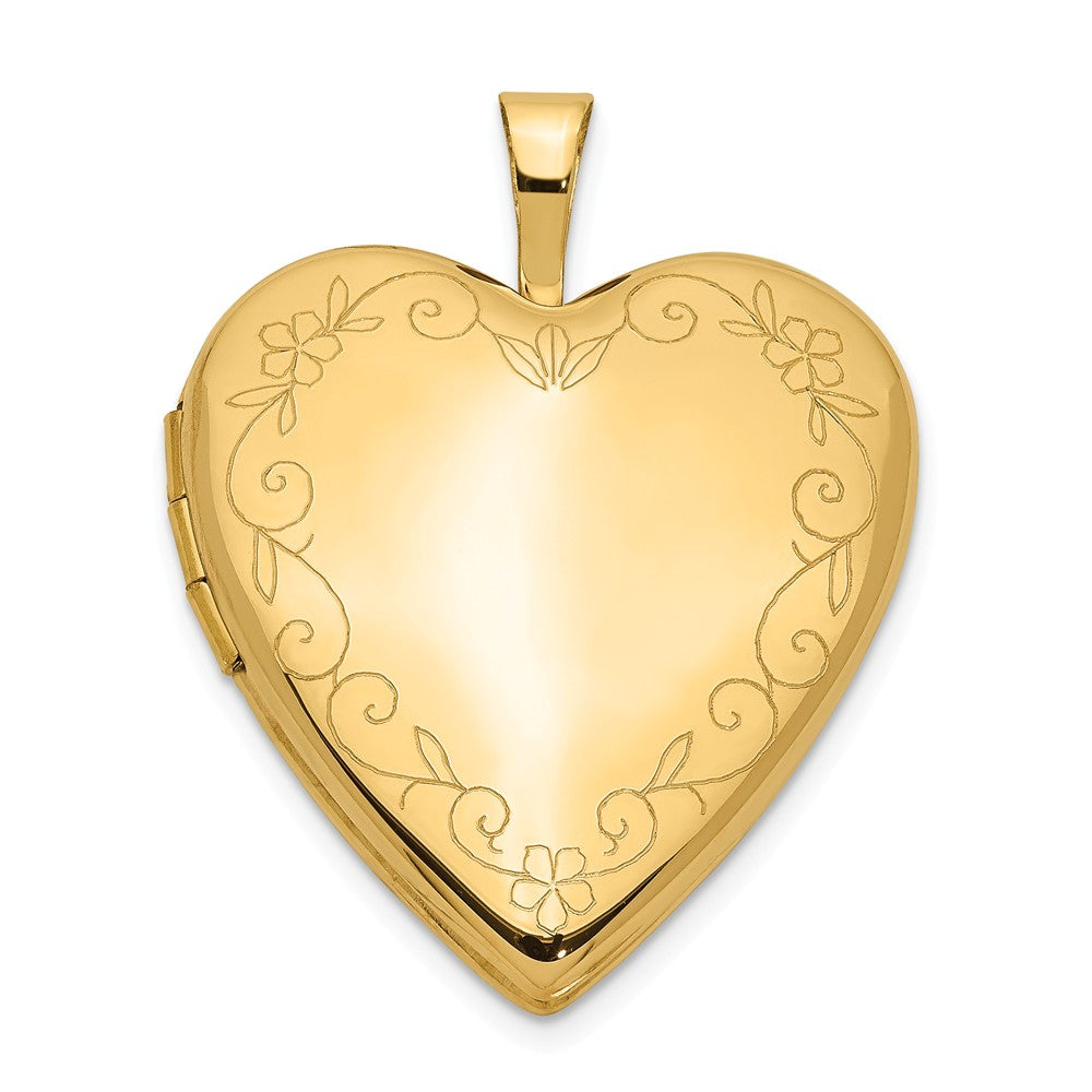 14k Yellow Gold 20mm Heart Locket with Flower Vine Border, Item P12095 by The Black Bow Jewelry Co.