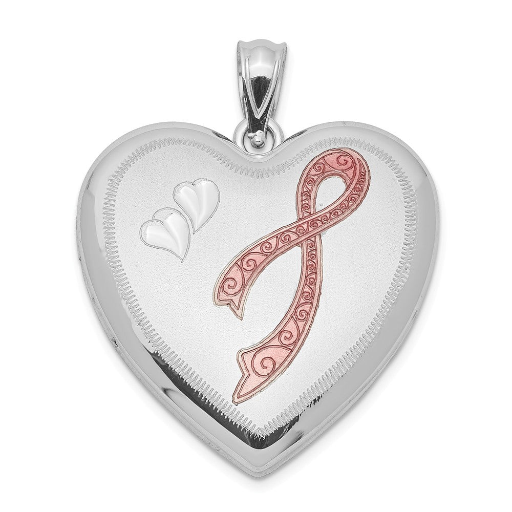 Sterling Silver 24mm Breast Cancer Awareness Heart Locket, Item P12124 by The Black Bow Jewelry Co.