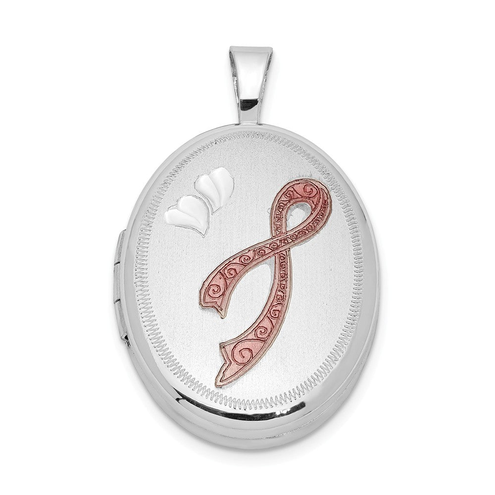 Sterling Silver 19mm Breast Cancer Awareness Oval Locket, Item P12125 by The Black Bow Jewelry Co.