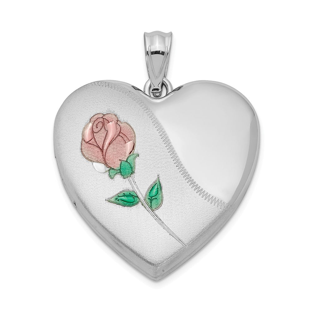 Sterling Silver and Enameled Rose Heart Locket, 24mm, Item P12154 by The Black Bow Jewelry Co.