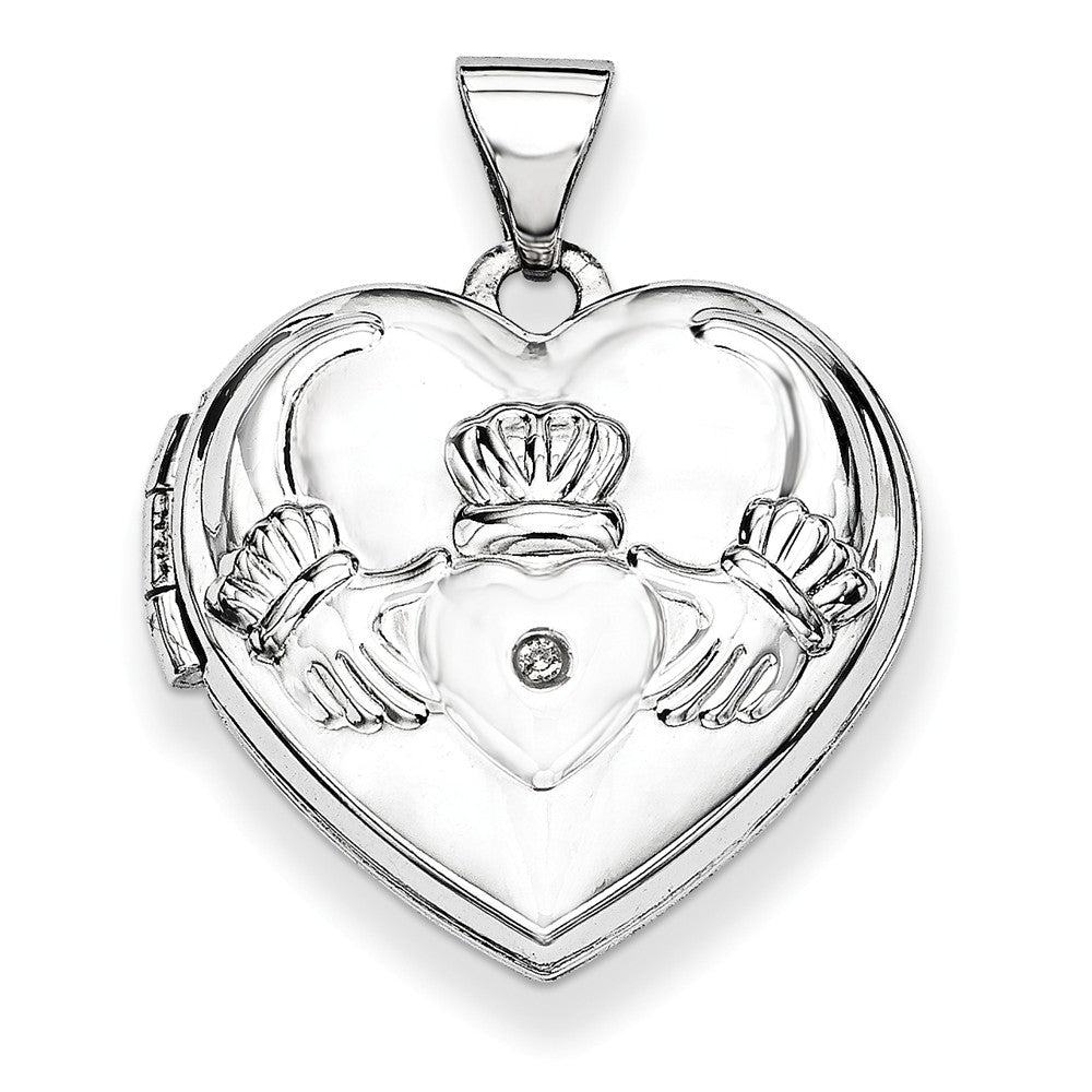 15mm Heart Shaped Diamond Claddagh Locket in 14k White Gold, Item P12160 by The Black Bow Jewelry Co.