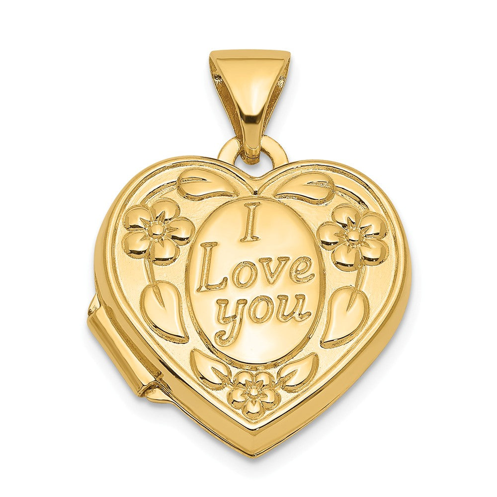 14k Yellow Gold 15mm I Love You Floral Heart Locket, Item P12161 by The Black Bow Jewelry Co.