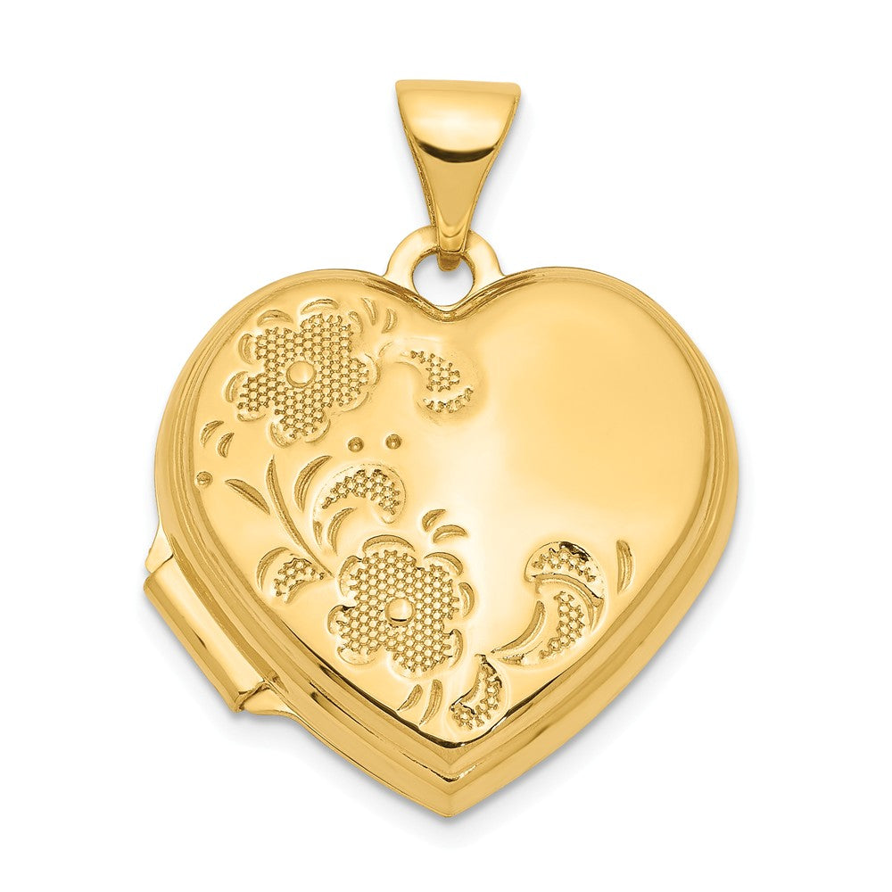 14k Yellow Gold 18mm Textured Floral Heart Shaped Locket, Item P12174 by The Black Bow Jewelry Co.