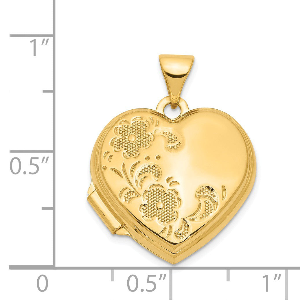 Alternate view of the 14k Yellow Gold 18mm Textured Floral Heart Shaped Locket by The Black Bow Jewelry Co.