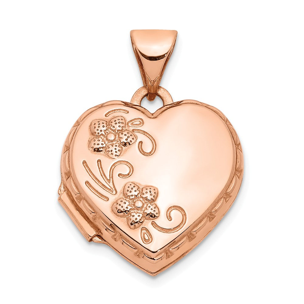 14k Rose Gold 15mm Domed Heart Shaped Floral Locket, Item P12177 by The Black Bow Jewelry Co.