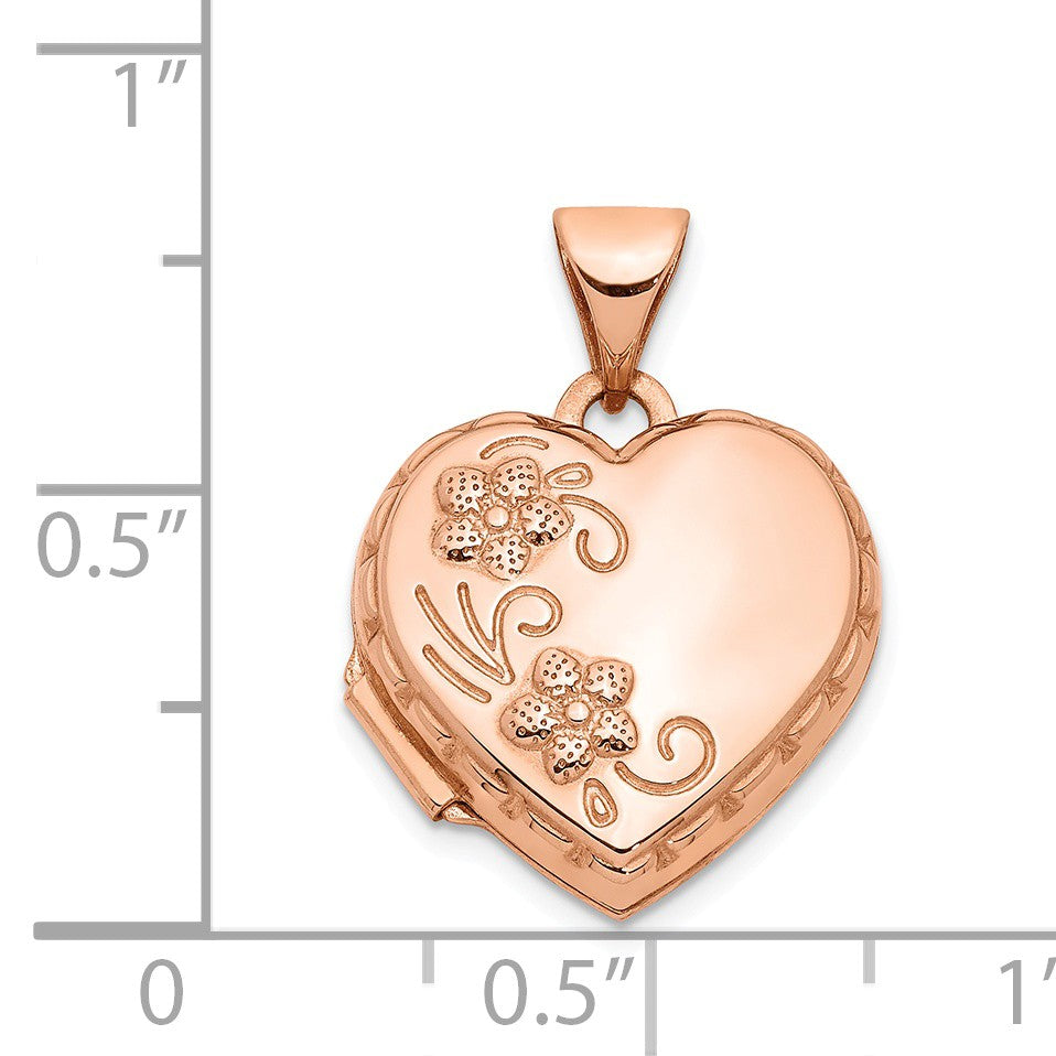 Alternate view of the 14k Rose Gold 15mm Domed Heart Shaped Floral Locket by The Black Bow Jewelry Co.