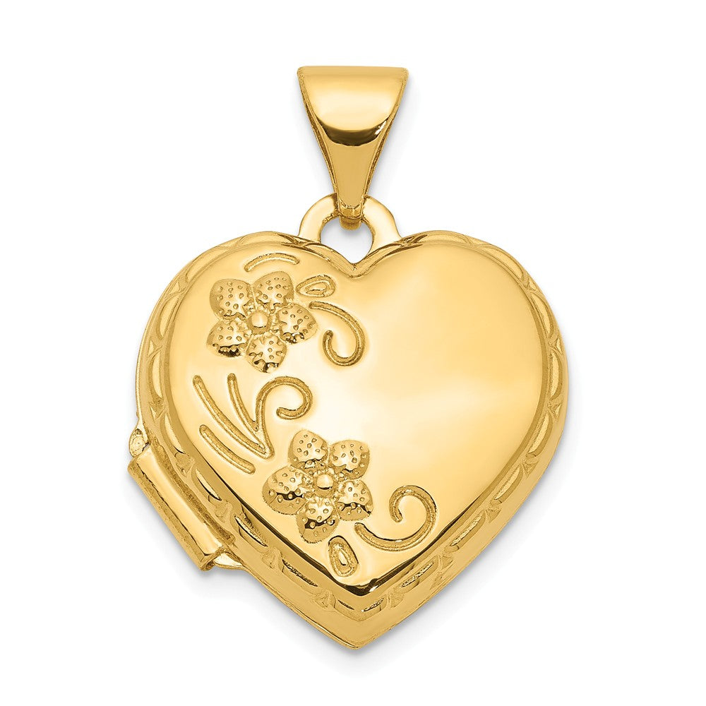 14k Yellow Gold 15mm Love You Always Reversible Floral Heart Locket, Item P12181 by The Black Bow Jewelry Co.