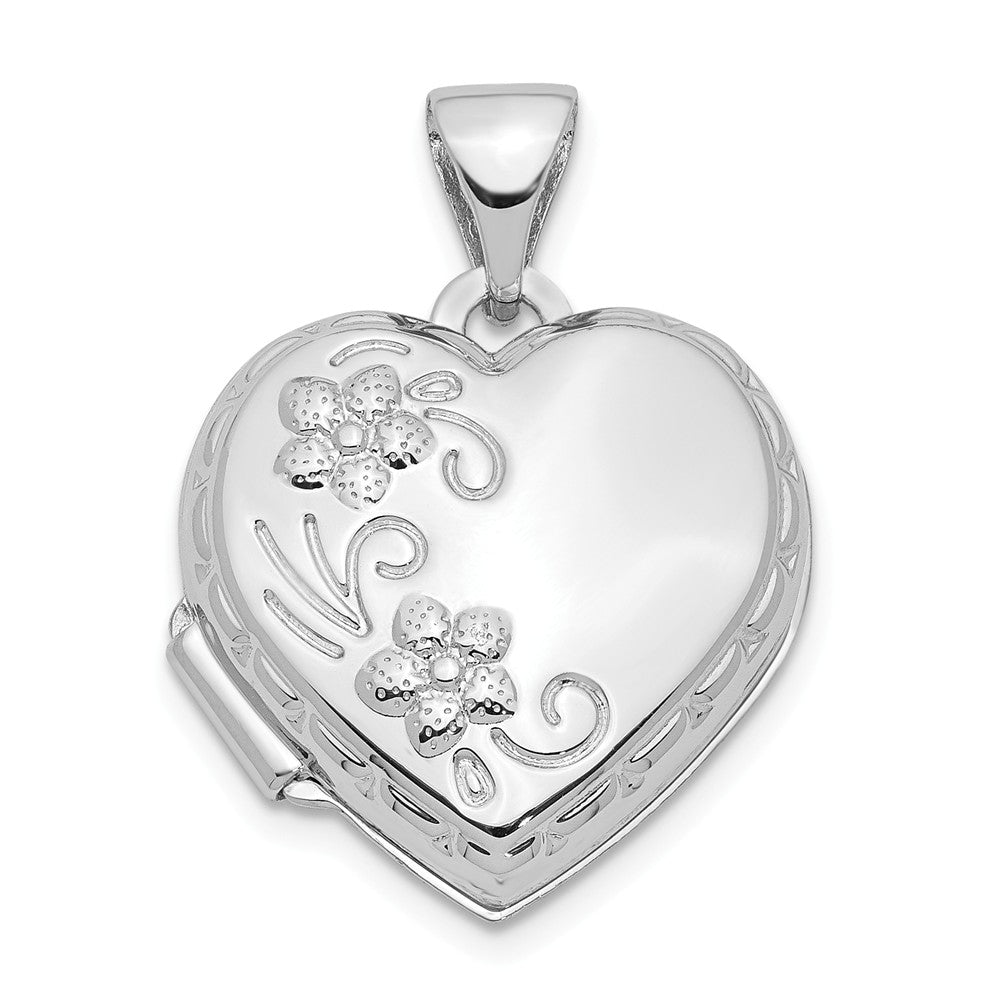 14k White Gold 15mm Love You Always Reversible Floral Heart Locket, Item P12182 by The Black Bow Jewelry Co.