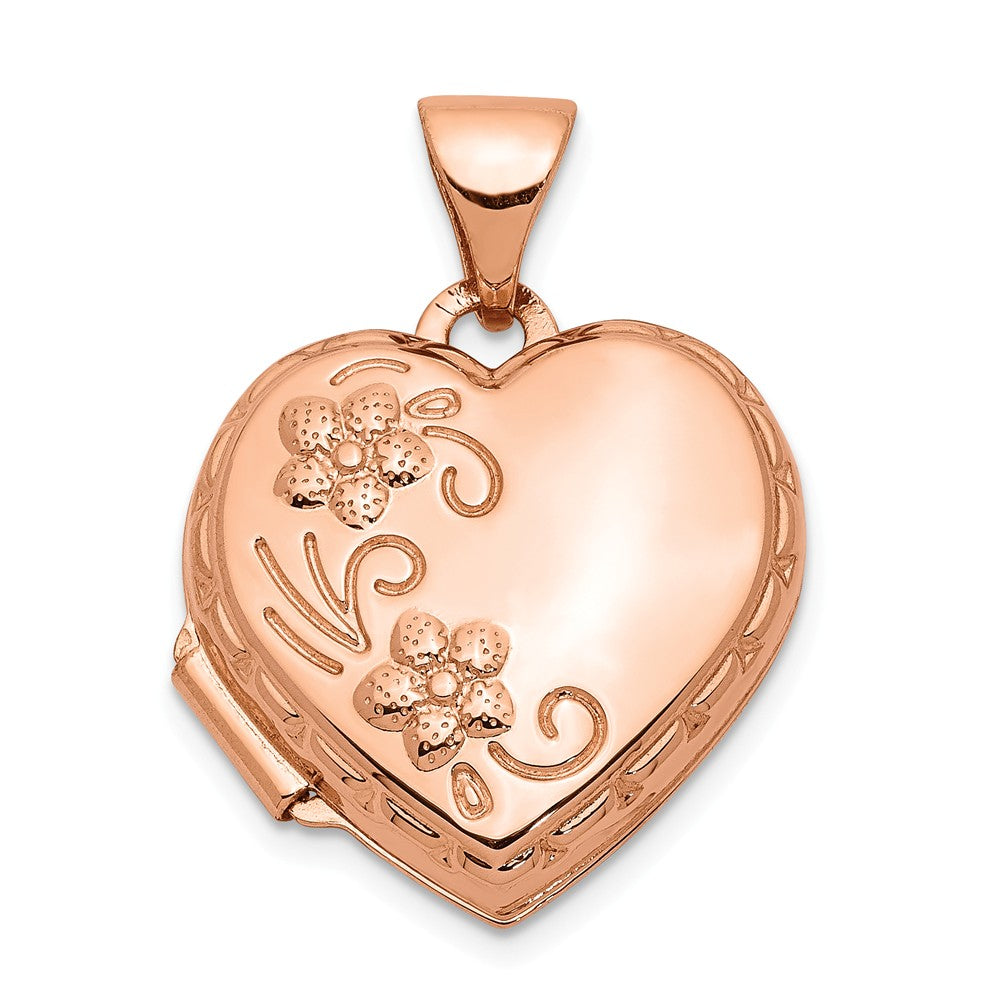14k Rose Gold 15mm Love You Always Reversible Floral Heart Locket, Item P12183 by The Black Bow Jewelry Co.