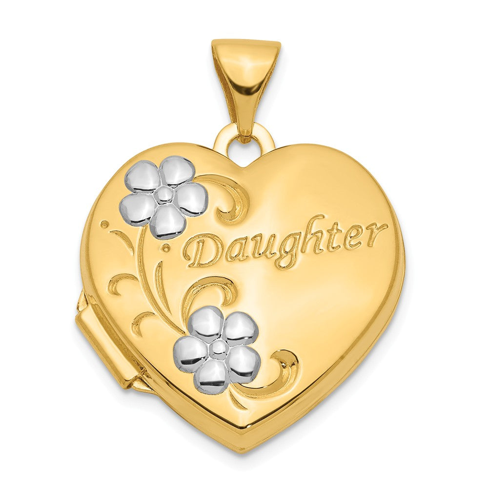 14k Yellow Gold &amp; White Rhodium 18mm Daughter Heart Locket Pendant, Item P12184 by The Black Bow Jewelry Co.